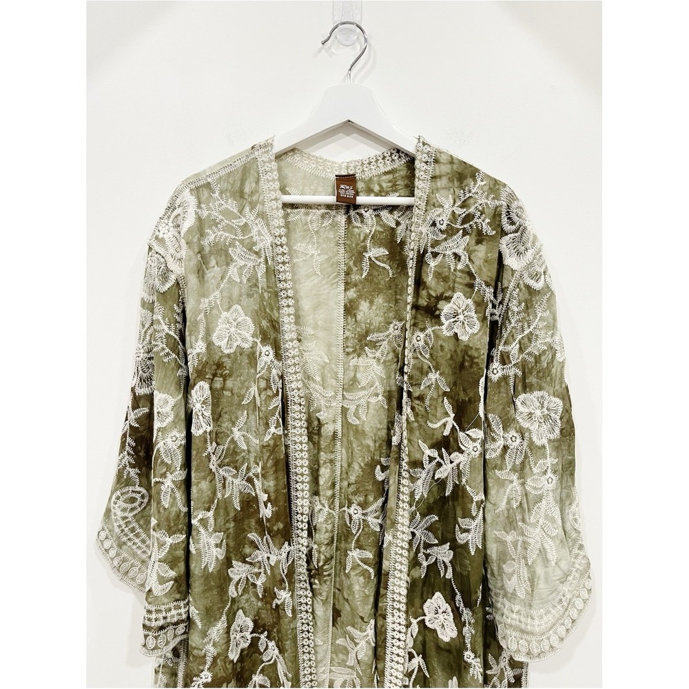 Raj Emery Embroidered Duster Kimono Olive Green White Floral Lace One Size - Picture 4 of 10